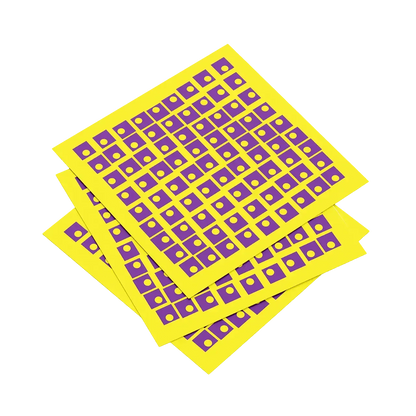 Yellow labels with purple and white pattern on a white background