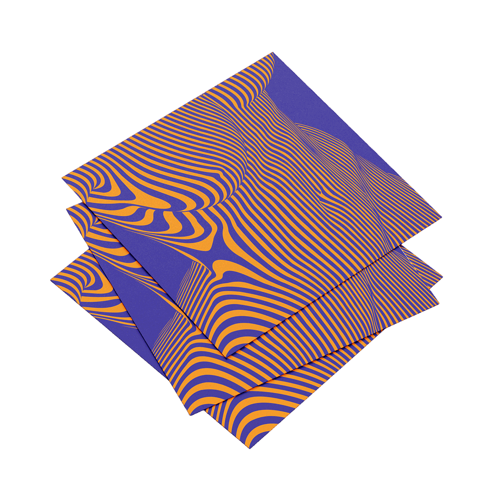 Stack of purple and orange striped paper sheets on a dark green background