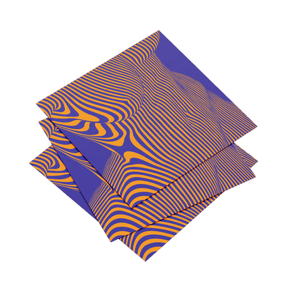 Stack of purple and orange striped paper sheets on a dark green background