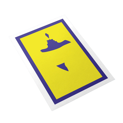 Yellow card with a blue border and a blue silhouette of a person on a white background