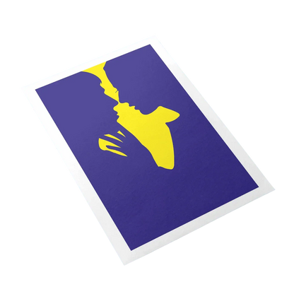 Yellow shark silhouette on a blue card with white border