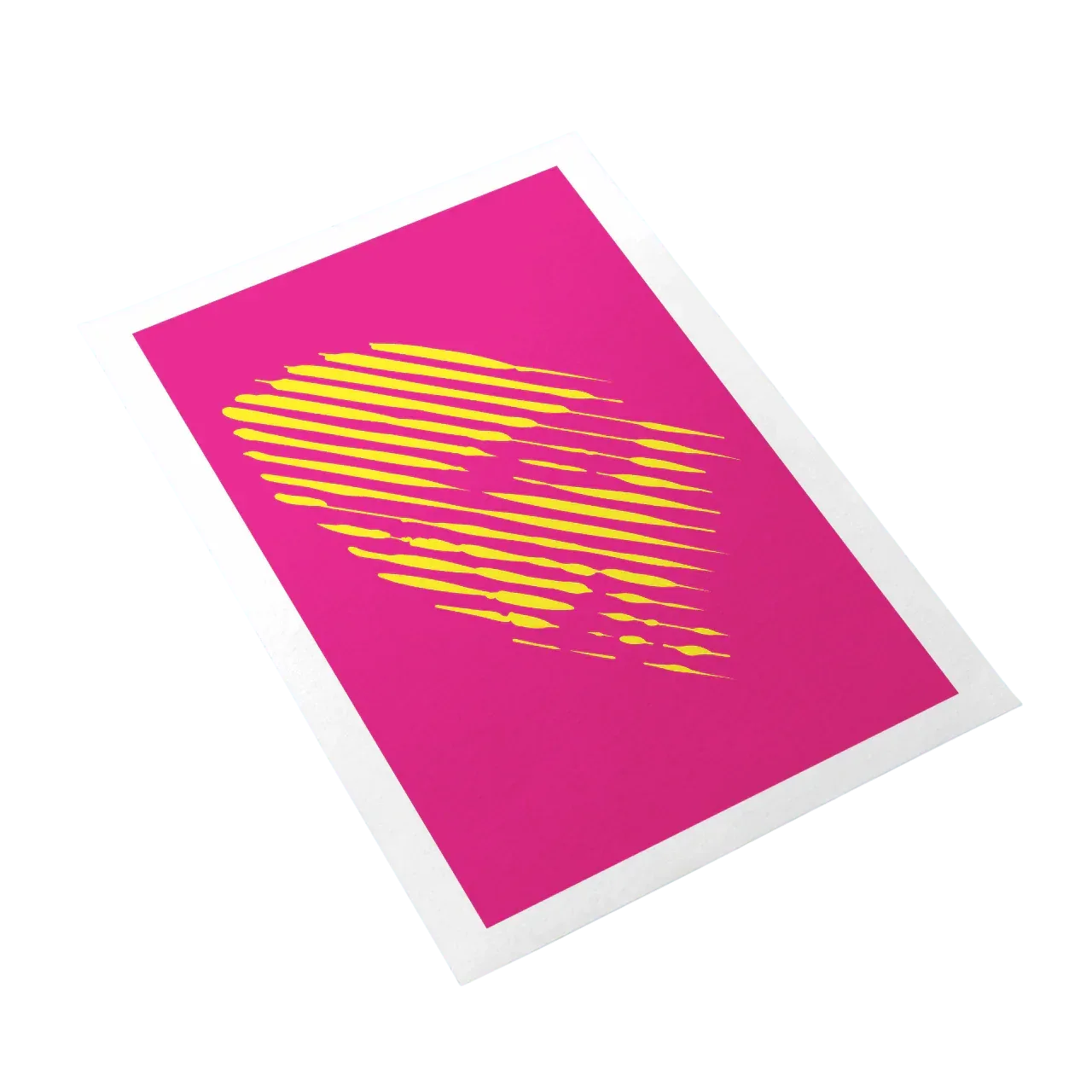 Pink card with yellow abstract design on a white background