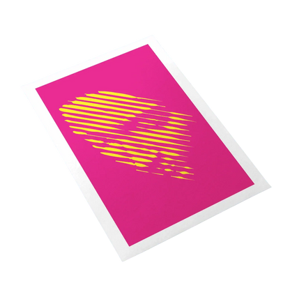 Pink card with yellow abstract design on a white background