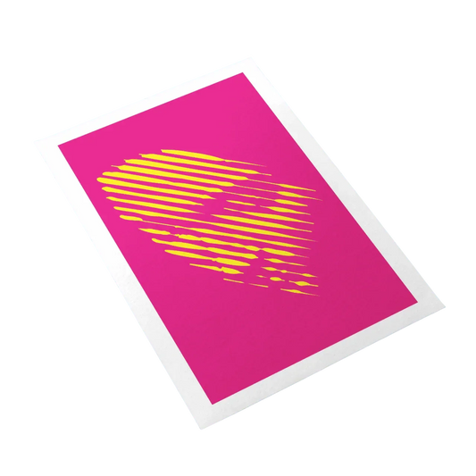 Pink card with yellow abstract design on a white background