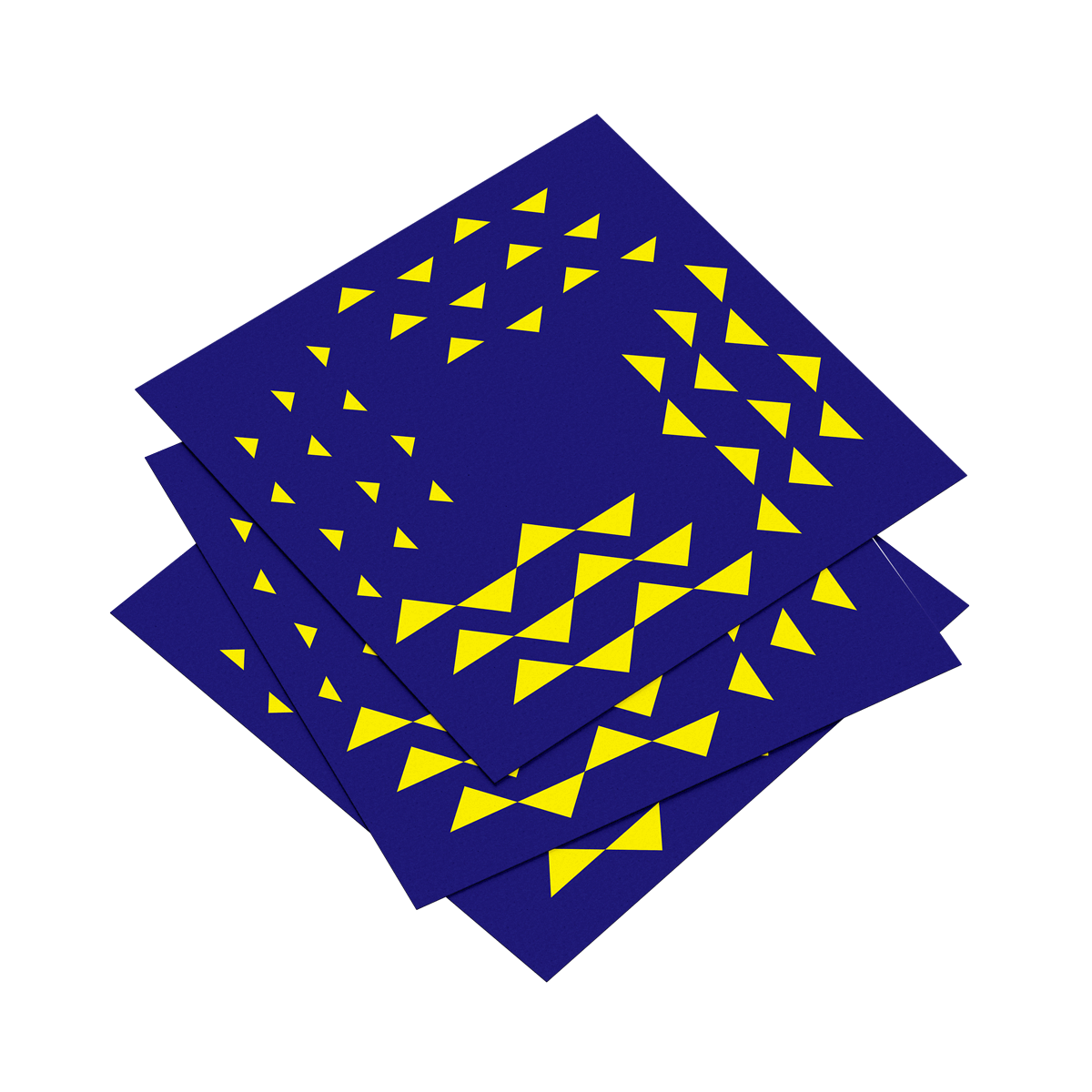 Four blue napkins with yellow triangle pattern on a white background