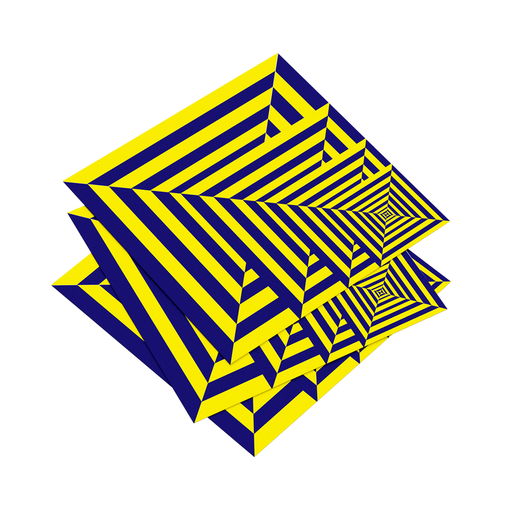 Geometric pattern with blue and yellow stripes on a white background
