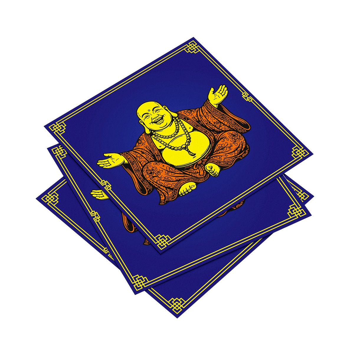Three blue napkins with a yellow and brown Buddha design on a white background