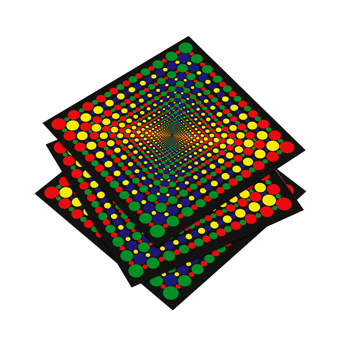 Three colorful polka dot patterned sheets stacked on a white background