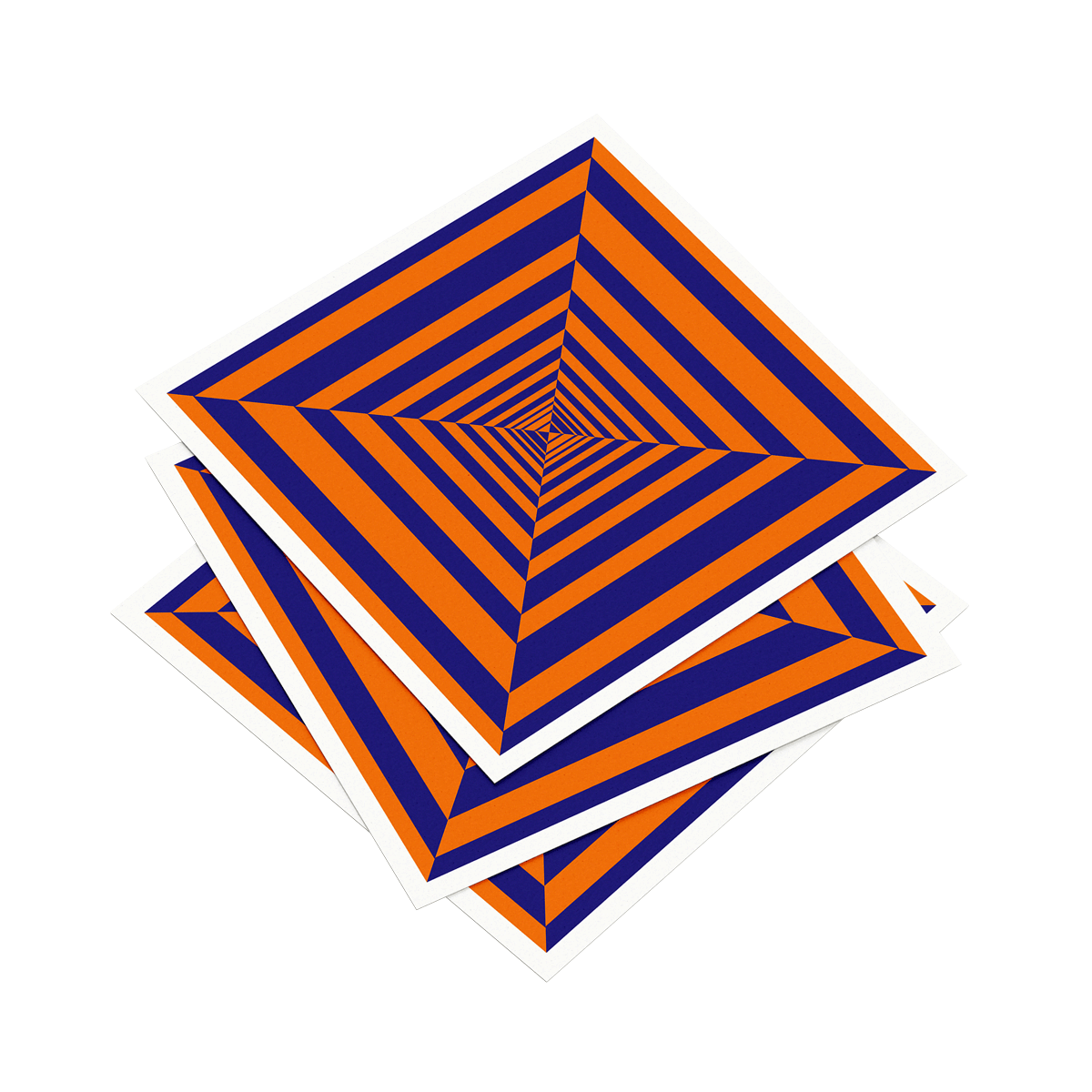 Three orange and blue striped square coasters stacked on a white background