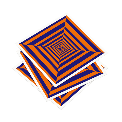 Three orange and blue striped square coasters stacked on a white background