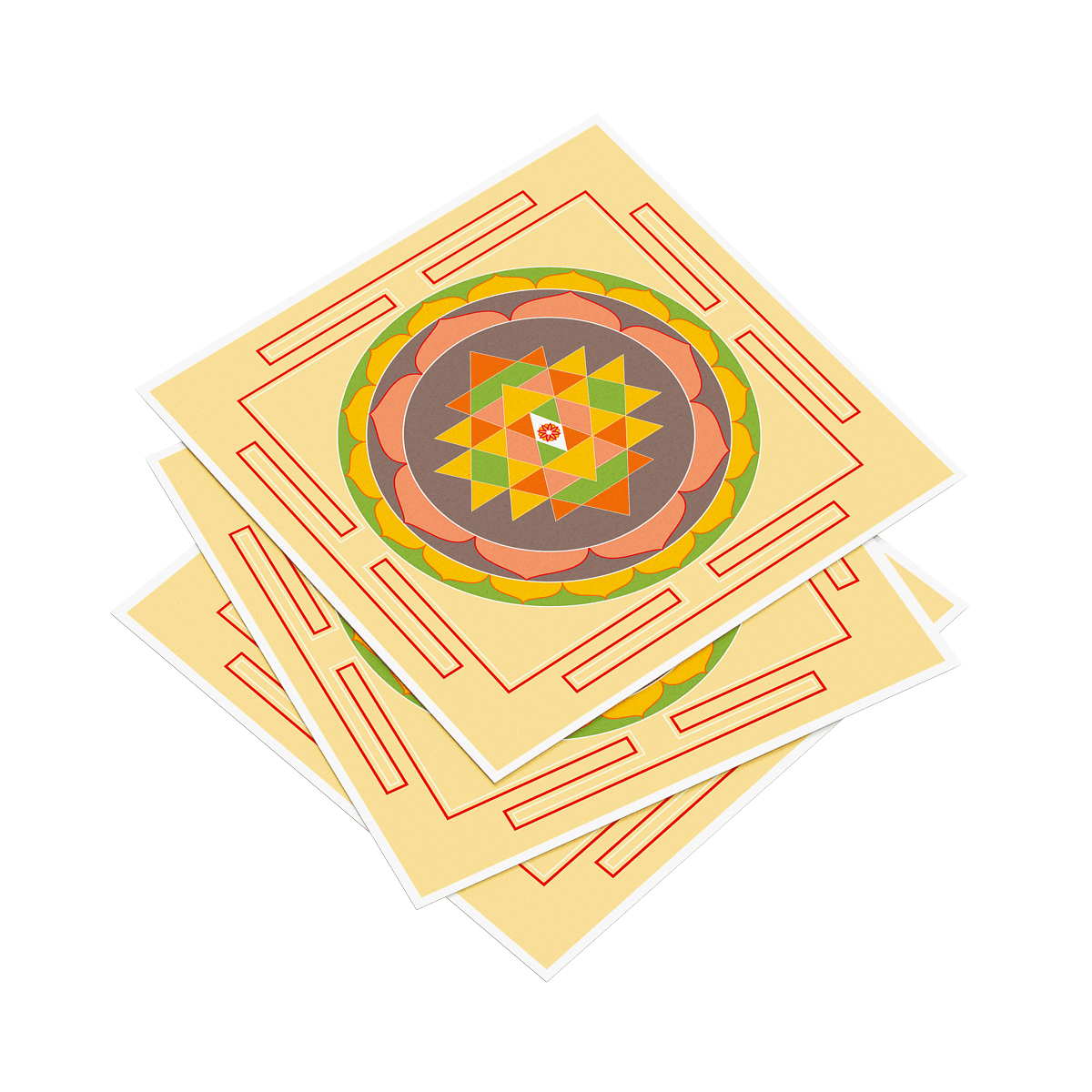 Three geometric patterned cards stacked on a white background