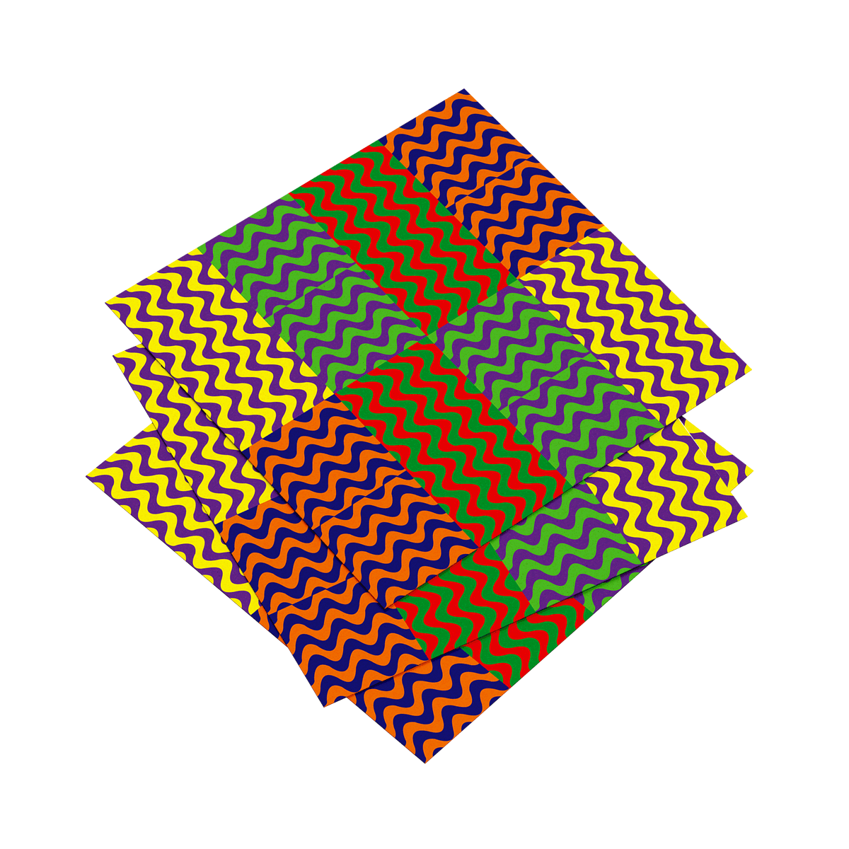 Four colorful zigzag patterned sheets stacked on a white background