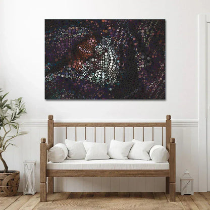 Wooden bench with white cushions in a room with abstract wall art