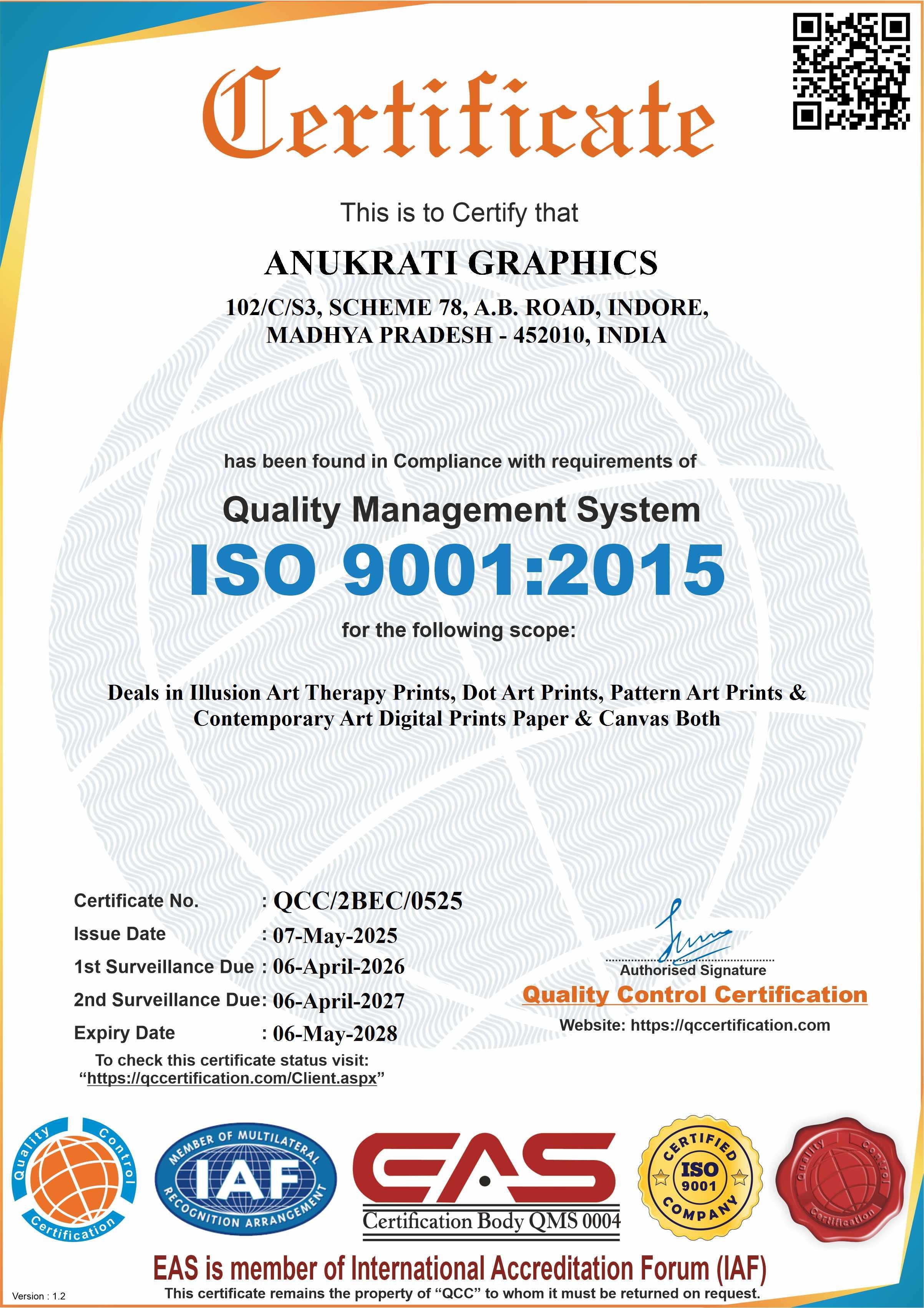 ISO 9001:2015 certification certificate for Anukrati Graphics with logos and details.