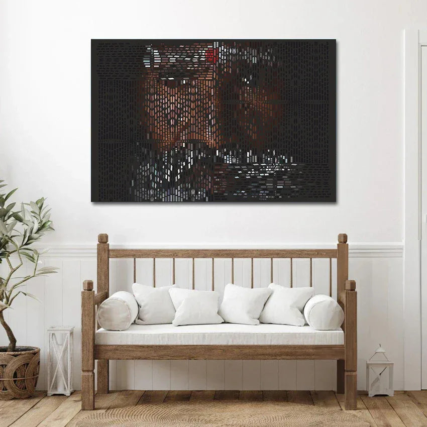 Wooden bench with white cushions in a room with a modern abstract painting on the wall.