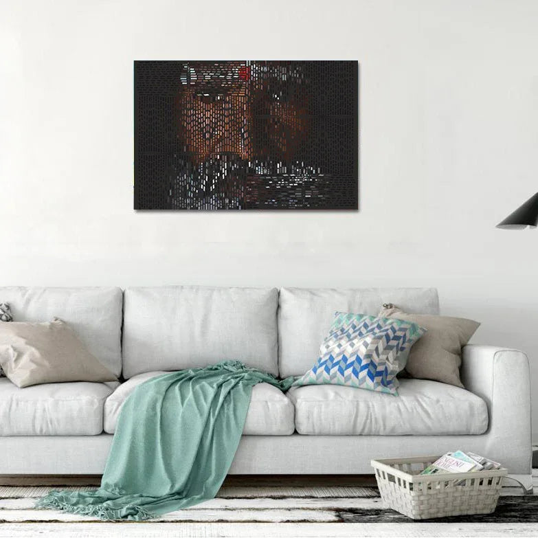White living room with a gray sofa, decorative pillows, and a wall art piece.