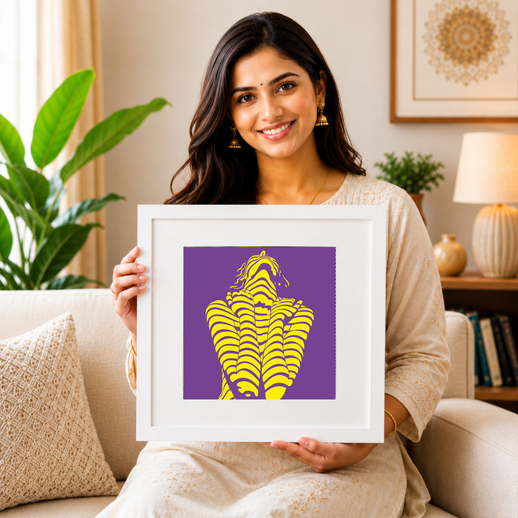 Woman seated holding a white-framed Serenade in Motion print
