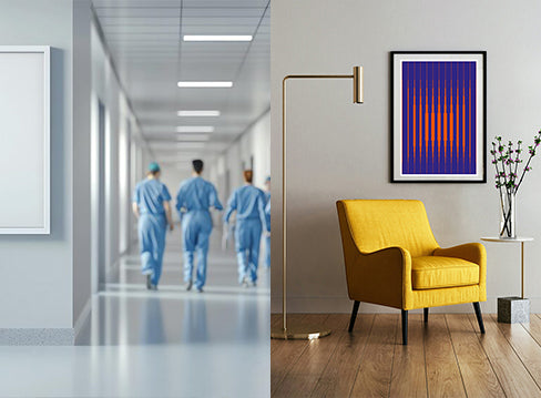 Consulting space decorated with a neutral abstract symmetry print at eye level.