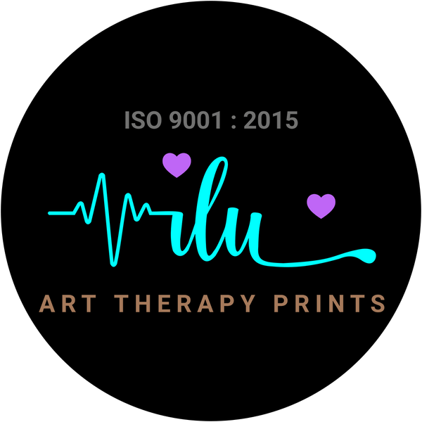 Logo for Art Therapy Prints with a heart rate design and ISO 9001:2015 certification on a black background.