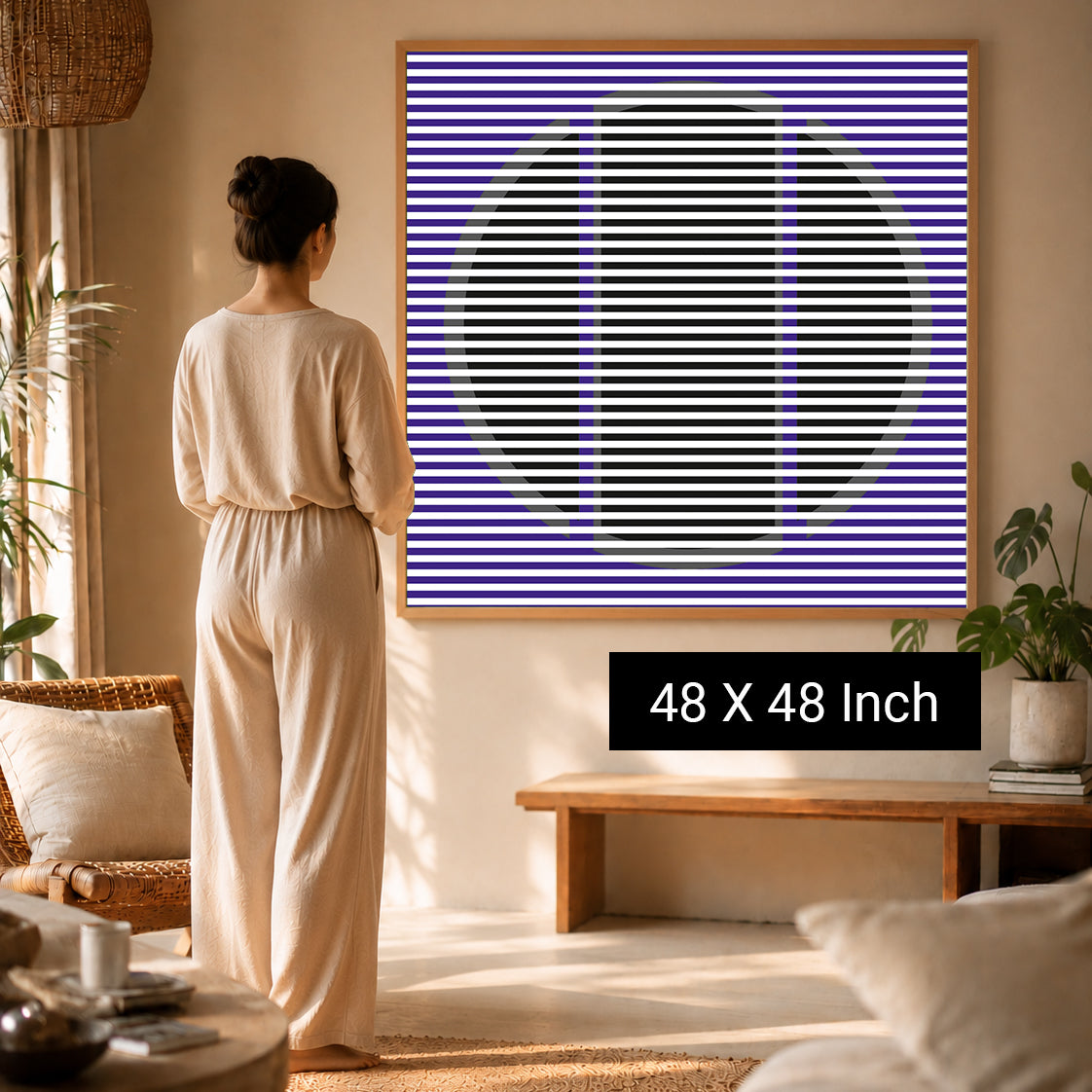 Muted blue concentric circle art for deep breathing exercises