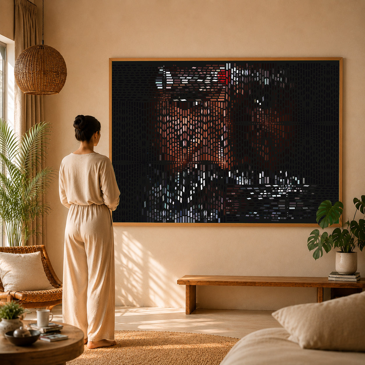 Muted clay and sand Japandi print creating serene surroundings