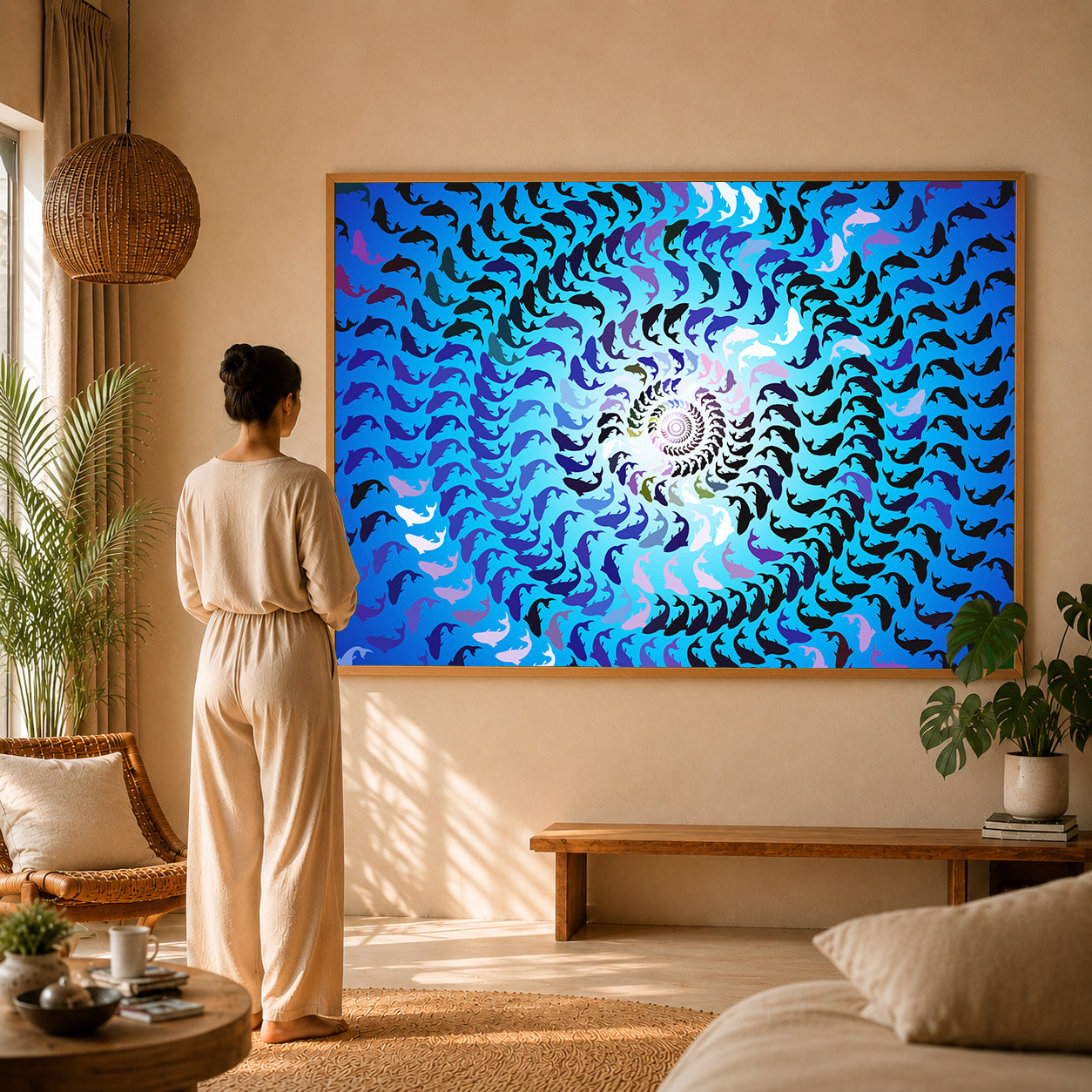 Non-intrusive line art canvas print for quiet living spaces