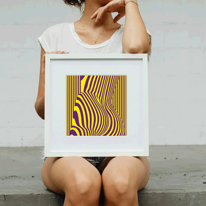 Person holding a framed abstract artwork with wavy lines in yellow and purple against a white background.