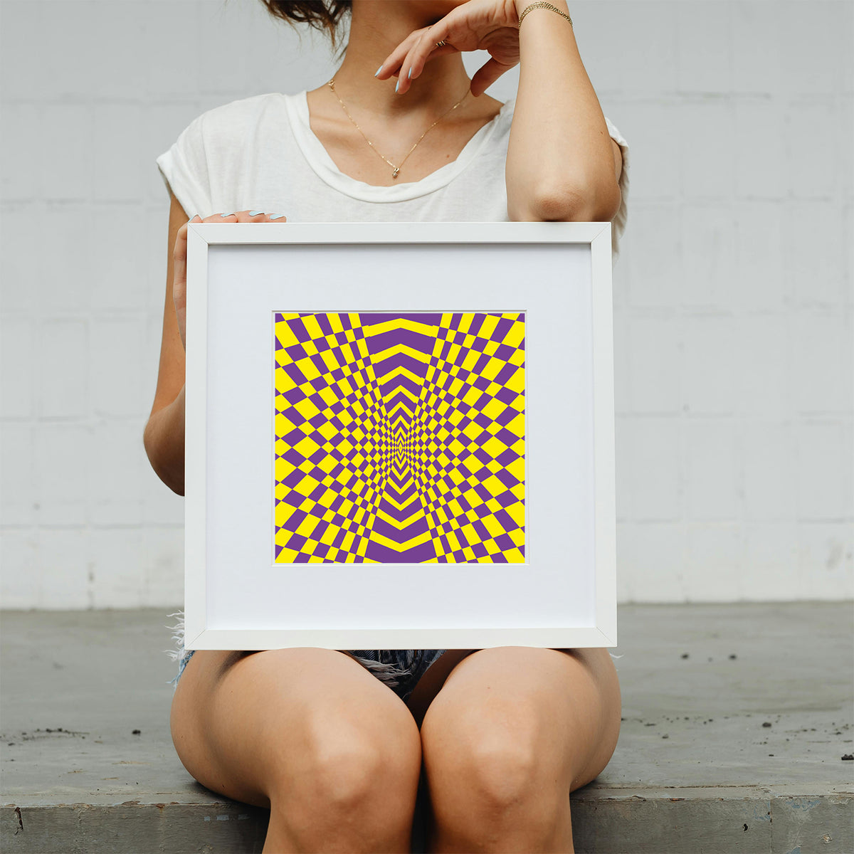 Vortex Grid – Geometric Optical Illusion Yellow & Purple Framed Fine Art Print