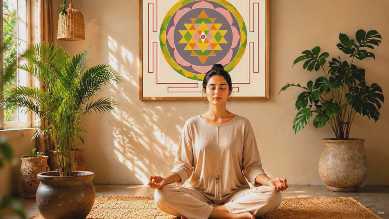Load video: Woman meditating beneath Sri Yantra wall art in a calming wellness-inspired room.