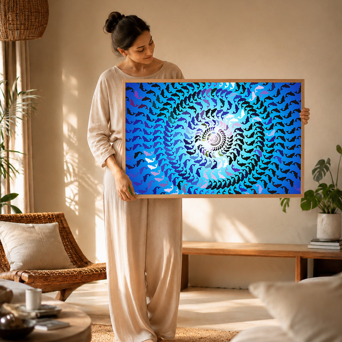 Soft monochrome wave print for soothing visual sensitivity